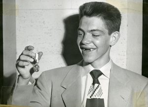 17yr old Darrell with his National Junior Ski Championships third place medal for downhill. Darrell knocked out four teeth in a crash before the event. Mt. Rose, Nevada – Fe