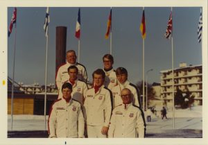 1972 US Olympic Team, Sapporo, Japan. Members;  Walt Hampton, Ron Steele, Greg Swar, Scott Berry, Dana Zelanakas, Jerry Martin, Lloyd Severud.