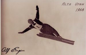 Alf Engen jumping on Landes Memorial Hill at Alta 1948