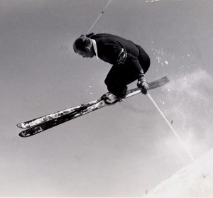 Alf Engen performing a perfect one pole jump turn at Alta mid 1950s