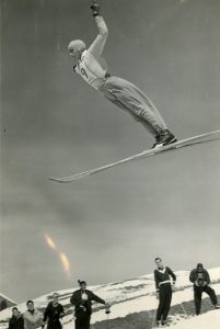 Darrell Robison ski jumping at an unknown location – circa 1940s.