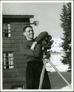 Darrell Robison taking a break from filming the movie Ski Crazy at Alta Ski Area – 1955.
