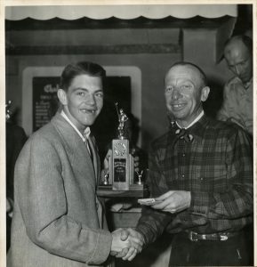 Despite knocking out four teeth in a crash days before, Darrell won first place in slalom at the National Junior Ski Championships in Mt. Rose, Nevada, February 1948.