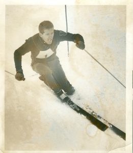 Dick Mitchell competing at Snowbasin in his University of Utah team sweater – 1953