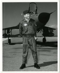 Dick Mitchell poses with the F105 he piloted in Vietnam – 1965