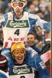 Erik Schlopy, wearing bib #4, with Austrian skier, Hans Knauss at the 2001 FIS Alpine World Cup Finals in Are, Sweden. Erik won the silver medal.
