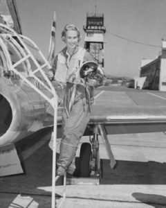 Gretchen Fraser was one of the first women to pilot a jet plane with test pilot Col. Younger, circa 1955.
