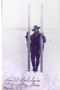 Harold Seeholzer, the founder of Beaver Mountain, first pair of bought skis, 1918.