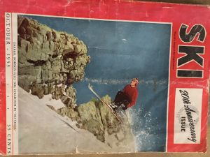 October 1955 SKI Magazine, featuring Darrell at Alta. This photo is from a scene in the film Ski Crazy where Robison is fleeing a bill collector.
