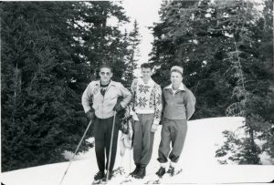 Don Young (left) served as treasurer, Mel Fletcher (middle) was president, Bill Bailey (right) was vice president. These three organized a group called the Snow Park Ski Club, 1946-47.