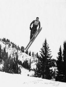 Mel Fletcher on the Landes ski jump at Alta, 1952-53.