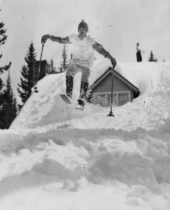 Mel Fletcher at the Wasatch Mountain Club carnival at Brighton, UT, 1952-53.