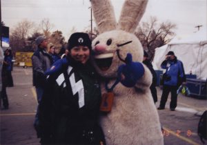 Barbara Yamada and 2002 Olympic mascot, Powder, at a post-Olympic celebration in SLC. February, 2003.