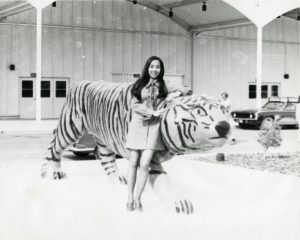 Barbara Yamada at Idaho State University, posing with the school mascot – bengal tiger, 1967-68.