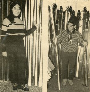 Idaho State Journal photo showing Barbara Yamada modeling the latest in ski attire, 1969.
