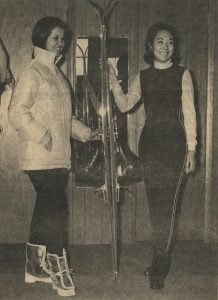 Idaho State Journal photograph showing Barbara Yamada in a one-piece stretch suit, which was modeled at the 1968 Pocatello Ski Association membership drive banquet.