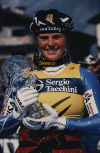 Picabo poses with her World Cup crystal globe. March 1995.