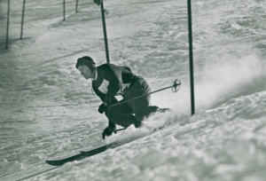 Dean Perkins skiing in a slalom event in Sun Valley, Idaho.