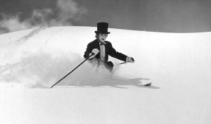 Alan Schoenberger skiing in costume