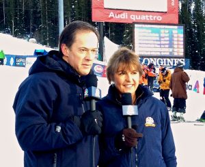 Christin Cooper with NBC host Dan Hicks, Colorado World Cups, 2013