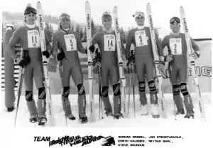Steve Bounous (right) poses with Team Raichle Boots, Tyrlia Bindings, Head Skis, and Alpha Goggles Pro Team.
