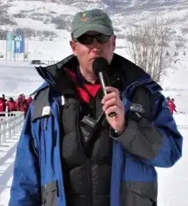 Howard Peterson announcing an event at at Soldier Hollow, circa 2014.